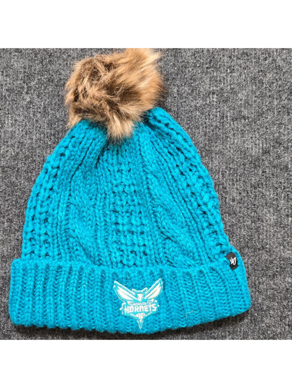 '47 Brand Charlotte Hornets Meeko Knit Beanie Hat Faux Fur Pom Teal Cuffed NBA